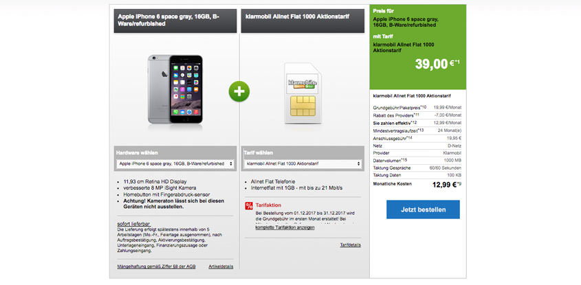 iPhone 6 + klarmobil Allnet Flat 1 GB für 12,99 €/mtl.