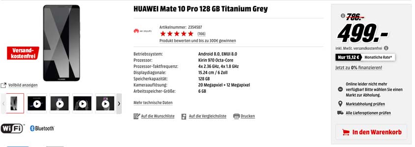 Huawei Mate 10 Pro für 499 €