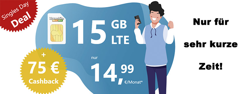 Singles Day Deal - 15 GB LTE Vodafone Allnet Flat + 75 € Cashback für 14,99 € im Monat