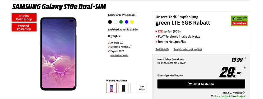 Samsung S10e + 6 GB Vodafone LTE Flat für 19,99 €/mtl.