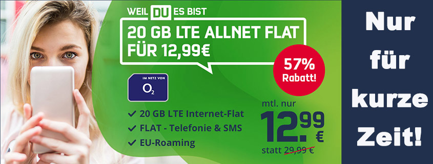 Mega-Aktion: o2 Free M mit 20 GB LTE für nur 12,99 € im Monat
