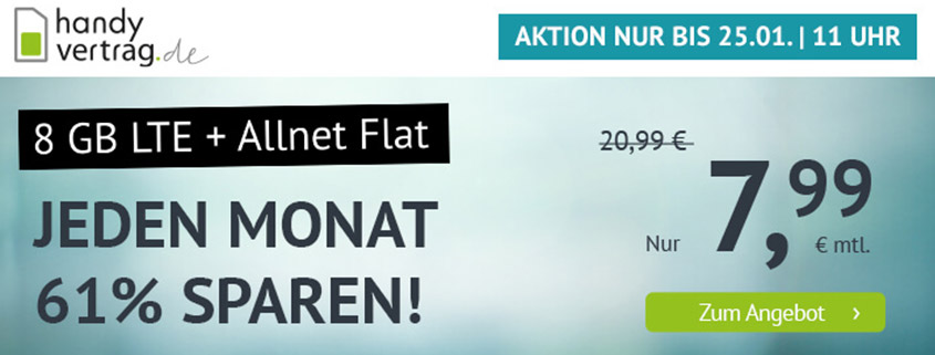 Aktion bei Handyvertrag.de - 8 GB LTE Allnet-Flat für 7,99 €