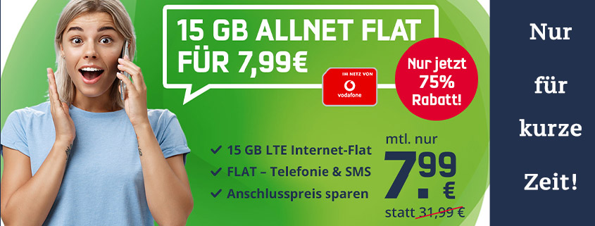 Datenpower im Vodafone-Netz - 15 GB Vodafone Allnet-Flat für nur 7,99 €/mtl.
